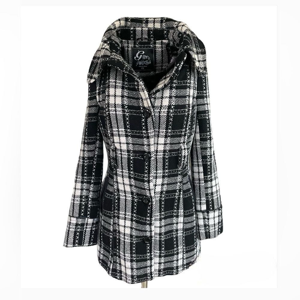 Vintage Plaid Wool Trench Coat Preppy Black and off-white Button down jacket XS